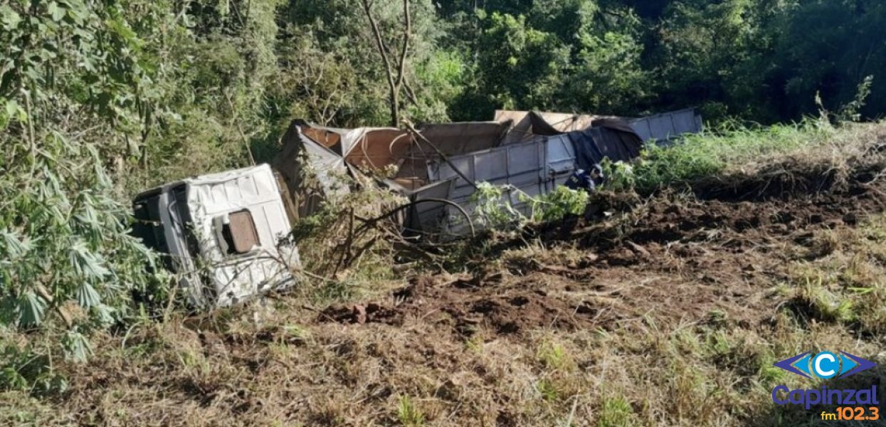 Carreta tomba e cai em barranco de aproximadamente oito metros de altura na BR-282 no Oeste