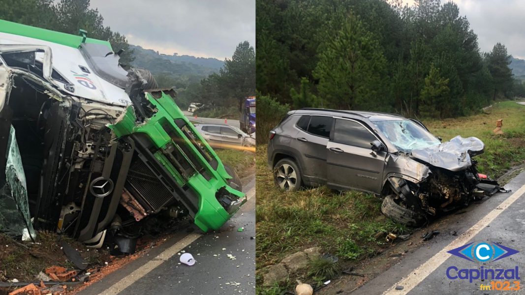 Forte colisão entre caminhões e carro deixa três feridos na BR-470