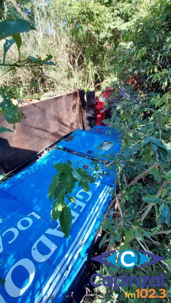 Caminhão sem freios sai da pista e tomba em riacho na SC-155